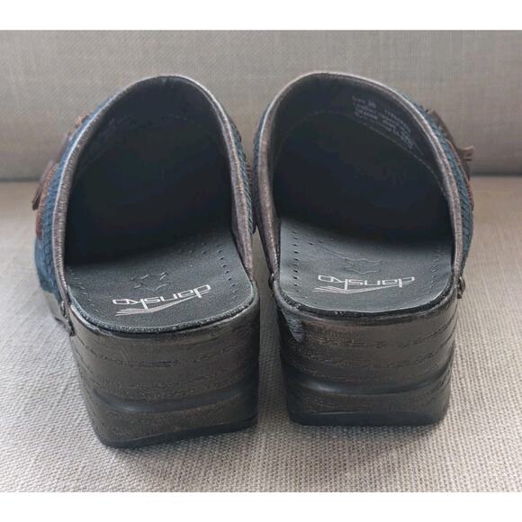 Dansko Shannon Clogs Mules Size 38 US 7.5-8 Tassels Blue Snake Suede Leather - Picture 6 of 9